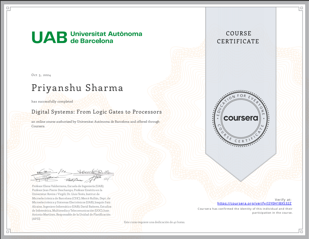 UAB Course Certificate: Digital Systems: From Logic Gates to Processors, completed by Priyanshu Sharma on Coursera, Oct 5 2024