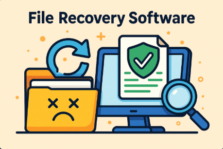 File recovery software illustration with monitor, folder, and restore icon