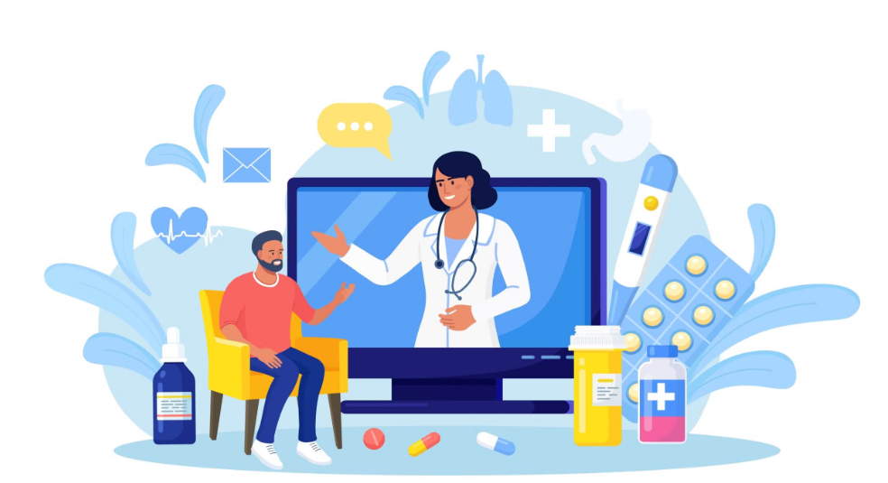 Telemedicine illustration: patient and doctor on a video call with medical icons